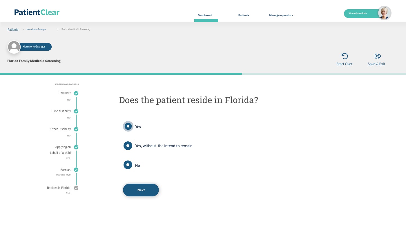 Screenshot of screening service : Does the patient reside in Florida? with possible answers yes, yes without intend to stay and no.